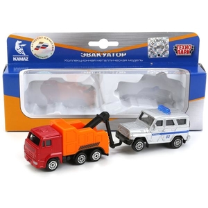Машина металл KAMAZ ЭВАКУАТОР, 7,5 см+uaz ХАНТЕР 7,5 см, кор. Технопарк в кор.2*72шт