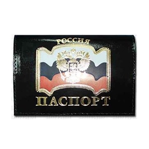 Обложка для паспорта, лакиров. натур. кожа, черная, тиснение комбинированное, "Флаг"