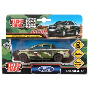 Машина металл FORD ranger ПИКАП ВОЕННЫЙ, 12 см, дв., багаж., инерц., кор. Технопарк в кор.2*24шт