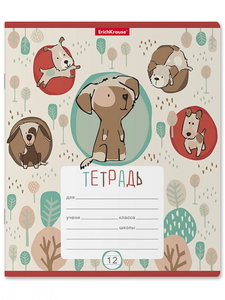 Тетрадь 12л., клетка, Erich Krause скрепка, блок офсет, мелован. картон "Little Dogs"